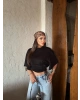 Siyah Beli Büzgülü Yarasa Kol Brshk Crop