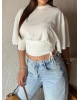 Beyaz Beli Büzgülü Yarasa Kol Brshk Crop
