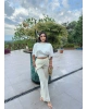 Sarı Beli Fularlı Tailored Fit Tensel Pantolon