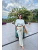 Sarı Beli Fularlı Tailored Fit Tensel Pantolon