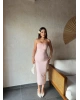 Pudra Straplez Yırtmaç Detay Uzun Elbise