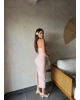 Pudra Straplez Yırtmaç Detay Uzun Elbise