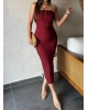 Bordo Straplez Yırtmaç Detay Uzun Elbise