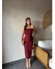 Bordo Straplez Yırtmaç Detay Uzun Elbise