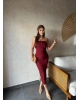 Bordo Straplez Yırtmaç Detay Uzun Elbise