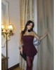 Bordo Simli Straplez Şortlu Elbise