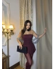 Bordo Simli Straplez Şortlu Elbise