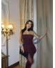 Bordo Simli Straplez Şortlu Elbise