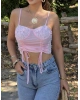 Pembe Büzgülü Dantel Detay Crop