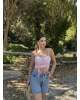 Pembe Büzgülü Dantel Detay Crop