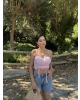 Pembe Büzgülü Dantel Detay Crop