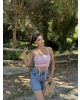 Pembe Büzgülü Dantel Detay Crop