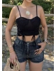 Siyah Büzgülü Dantel Detay Crop