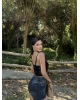 Siyah Büzgülü Dantel Detay Crop
