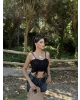 Siyah Büzgülü Dantel Detay Crop