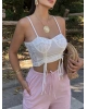 Beyaz Büzgülü Dantel Detay Crop