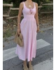 Pembe Korse Keten Uzun Elbise