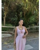 Pembe Korse Keten Uzun Elbise