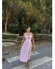 Pembe Korse Keten Uzun Elbise