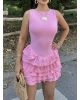 Pembe Kat Kat Fırfırlı Mini Elbise