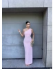 Pembe Toka Detay Drapeli Uzun Elbise