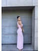 Pembe Toka Detay Drapeli Uzun Elbise