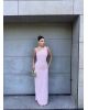 Pembe Toka Detay Drapeli Uzun Elbise