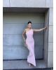 Pembe Toka Detay Drapeli Uzun Elbise