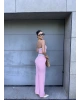 Pembe Straplez Biyeli Double Takım