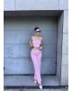 Pembe Straplez Biyeli Double Takım