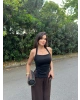 Siyah Halter Yaka Drapeli Crop