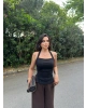 Siyah Halter Yaka Drapeli Crop