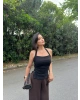 Siyah Halter Yaka Drapeli Crop