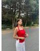 Kırmızı Halter Yaka Drapeli Crop