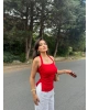 Kırmızı Halter Yaka Drapeli Crop