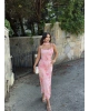 Pembe Tül Detay Batik Fularlı Uzun Elbise