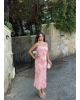Pembe Tül Detay Batik Fularlı Uzun Elbise