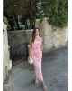 Pembe Tül Detay Batik Fularlı Uzun Elbise