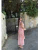 Pembe Tül Detay Batik Fularlı Uzun Elbise