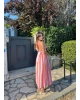 Pembe Çizgili Boyundan Bağlamalı Poplin Uzun Elbise
