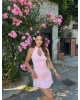 Pembe Damla Dekolteli Mini Elbise