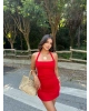 Kırmızı Halter Yaka Drapeli Mini Elbise
