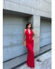 Kırmızı Gold Tokalı Drapeli Uzun Elbise