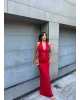 Kırmızı Gold Tokalı Drapeli Uzun Elbise