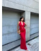 Kırmızı Gold Tokalı Drapeli Uzun Elbise