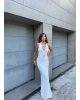 Beyaz Gold Tokalı Drapeli Uzun Elbise