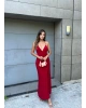 Kırmızı Askılı Sırt Çapraz Uzun Elbise