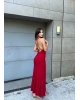 Kırmızı Askılı Sırt Çapraz Uzun Elbise