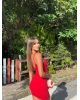 Kırmızı Taş İşlemeli Mini Elbise