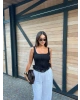 Siyah Kare Yaka Kopçalı Crop